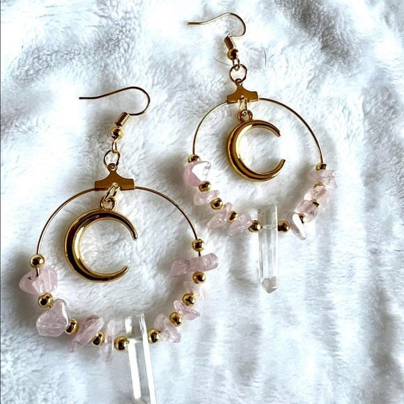 Crescent Moon Rose Quartz + Clear Quartz Earrings - Picture 3 of 3